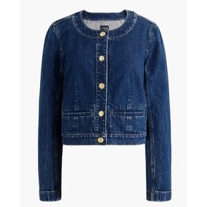 J.Crew Collarless Denim Lady Jacket Gold Button Dark Indigo Blue Size 4
